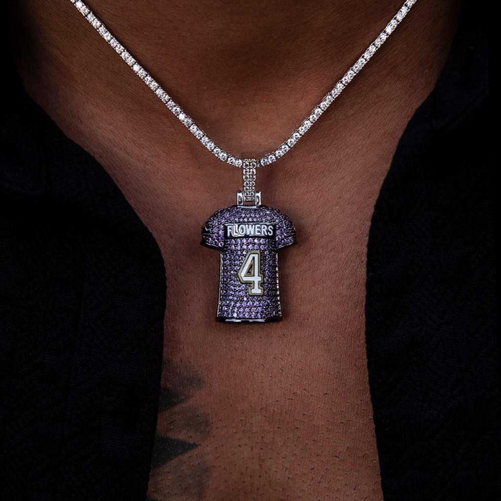 Zay Flowers Baltimore Ravens Purple #4 Jersey Pendant - White Gold