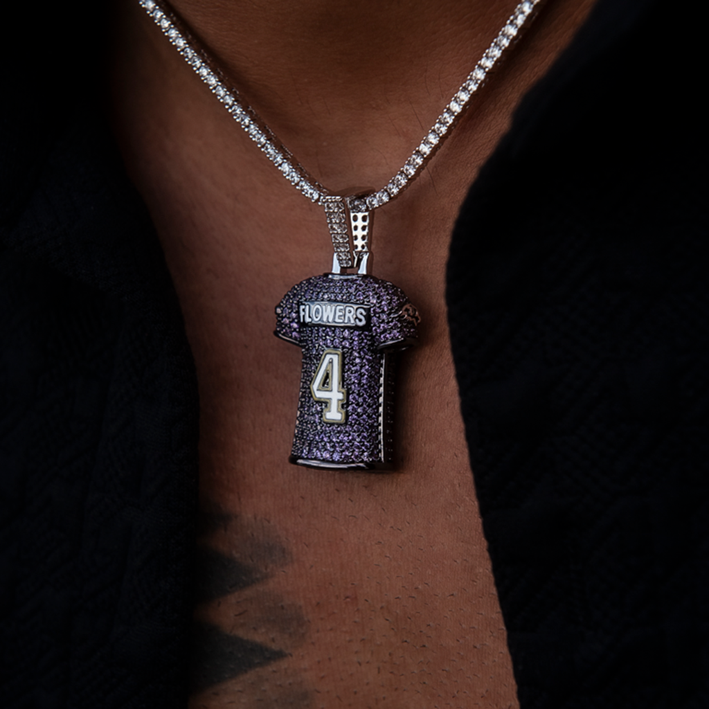 Zay Flowers Baltimore Ravens Purple #4 Jersey Pendant - White Gold