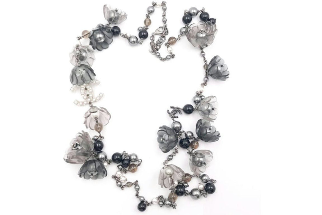 Chanel Faux Pearl Flower Necklace Long Black/Grey