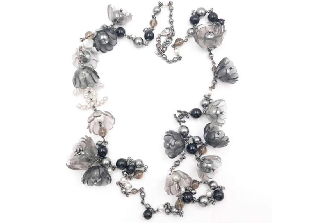 Chanel Faux Pearl Flower Necklace Long Black/Grey